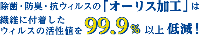 抗菌・防臭・抗ウイルスの「 オーリス加工 」は
繊維に付着したウイルスの活性値を99.9% 以上低減